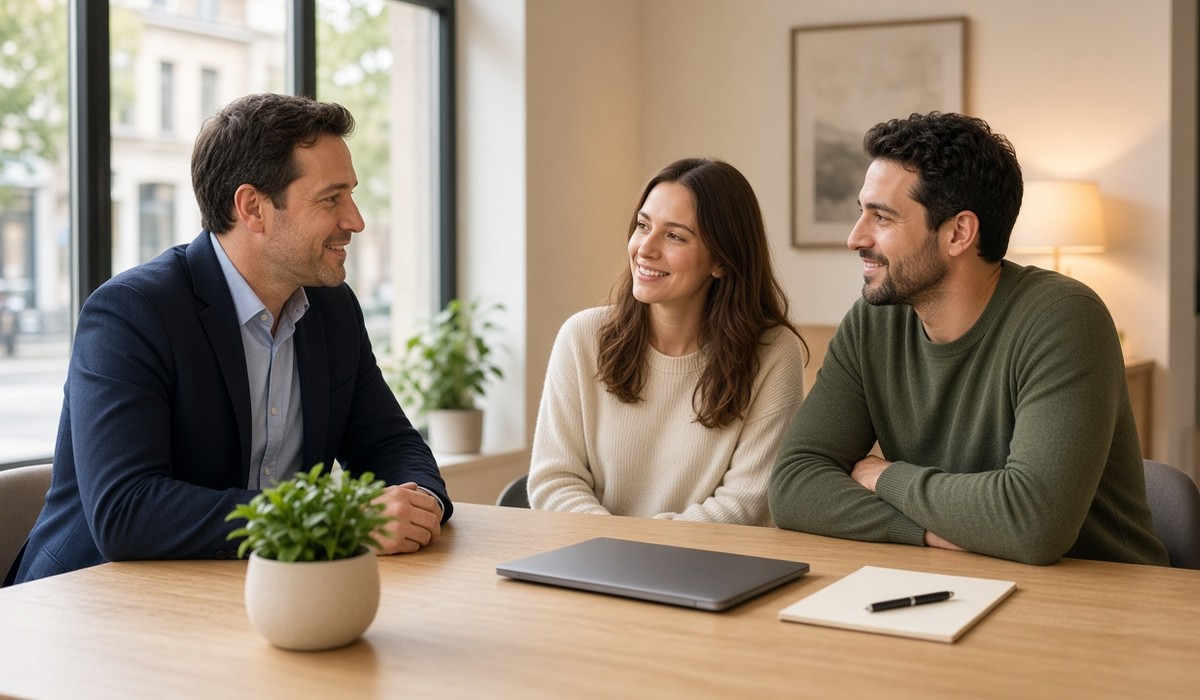 Mortgage broker in a navy blazer having a warm consultation with a young couple in a bright Ontario-style office — closed laptop and blank notepad on the table.