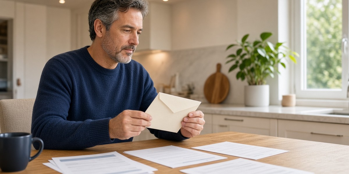 Homeowner thoughtfully reviewing a mortgage renewal letter at a bright kitchen table (no readable private data).