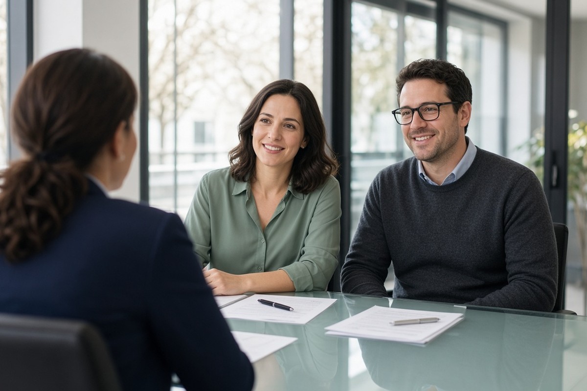 Consultation: couple across a glass table in a bright office meeting