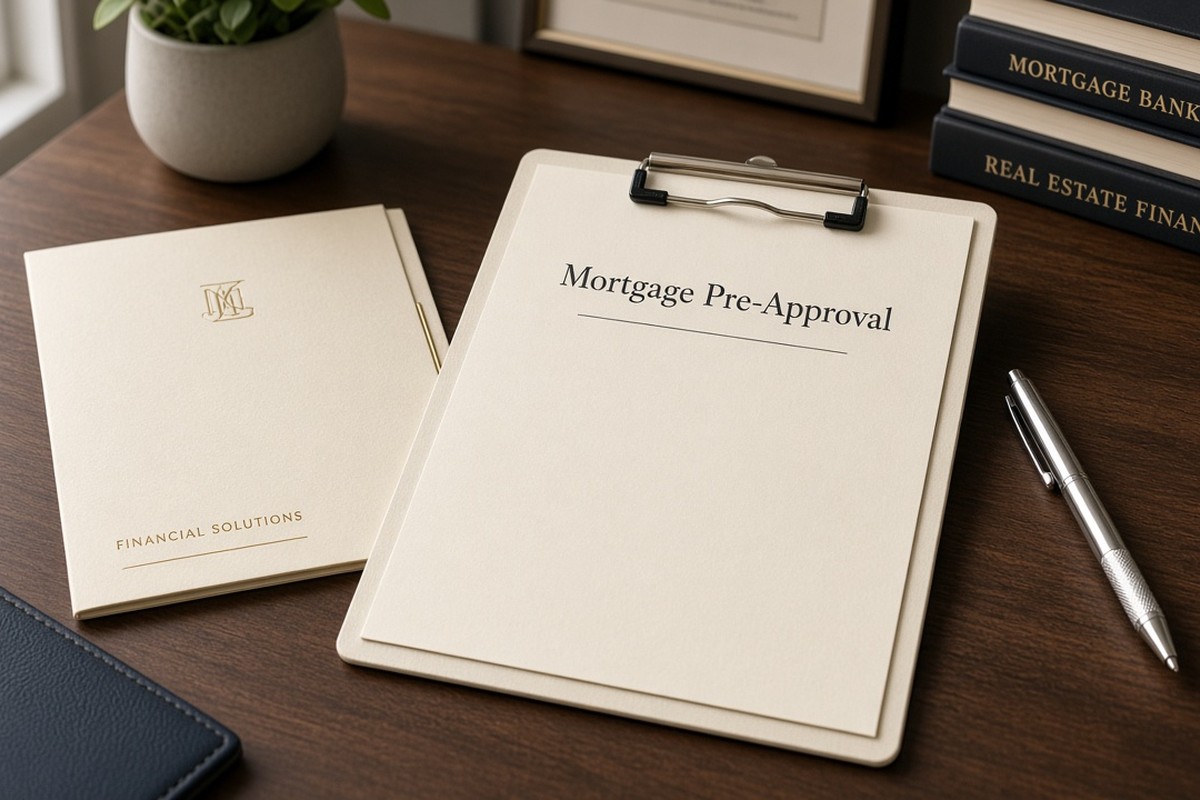 Pre-approval: Mortgage Pre-Approval clipboard on a desk (no private data)