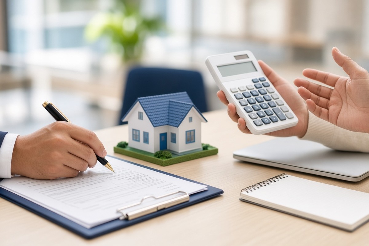 Planning: hands with model house and calculator mapping next steps