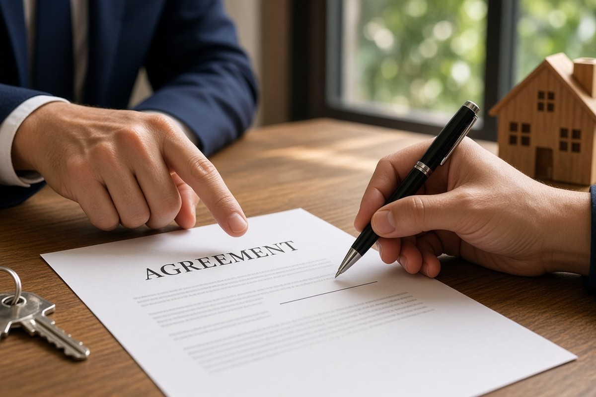 Closing: signing the agreement with keys and house figurine on the desk
